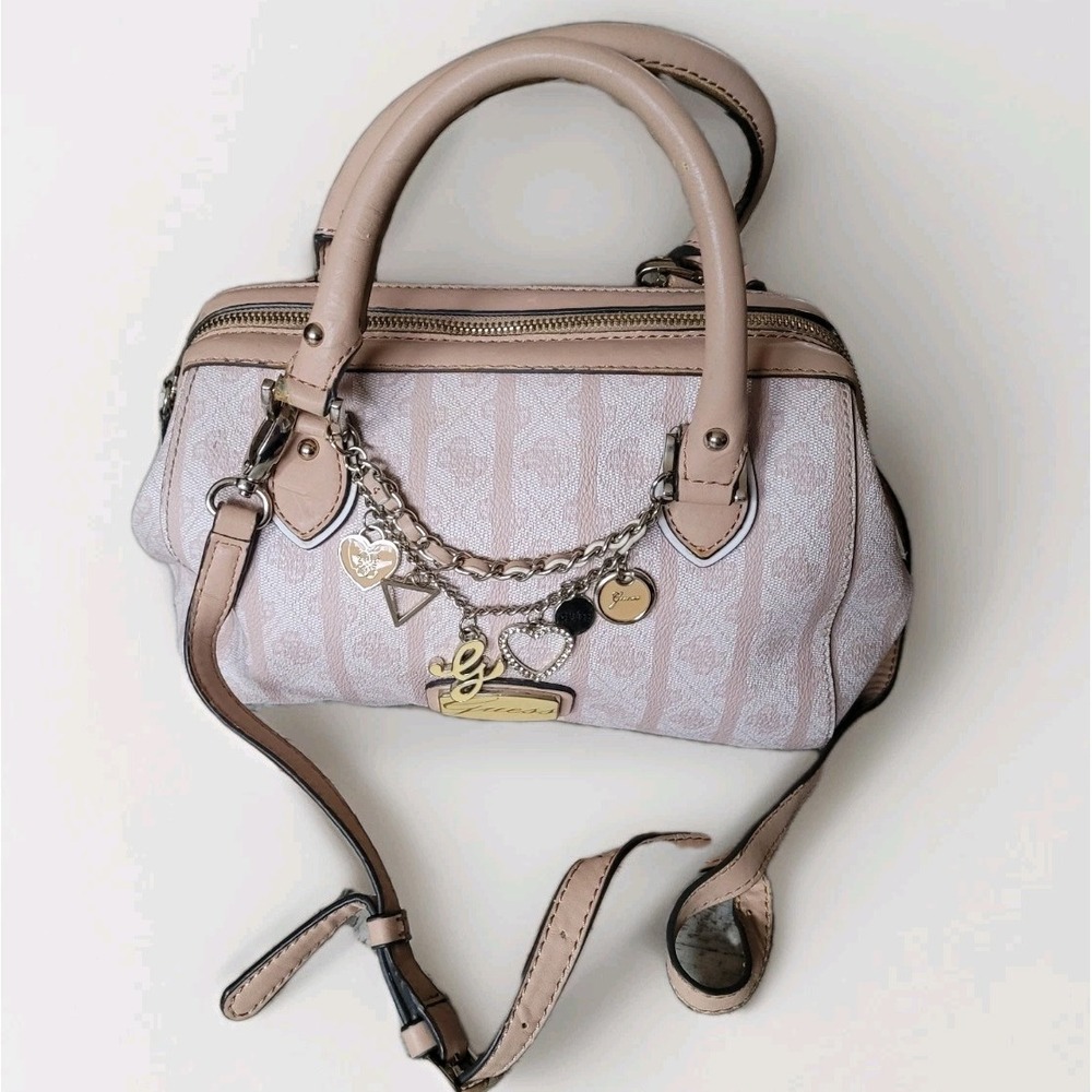 GUESS Y2K Jasleen Box Satchel Doctor Purse Monogram Pink Crossbody Handbag Charm